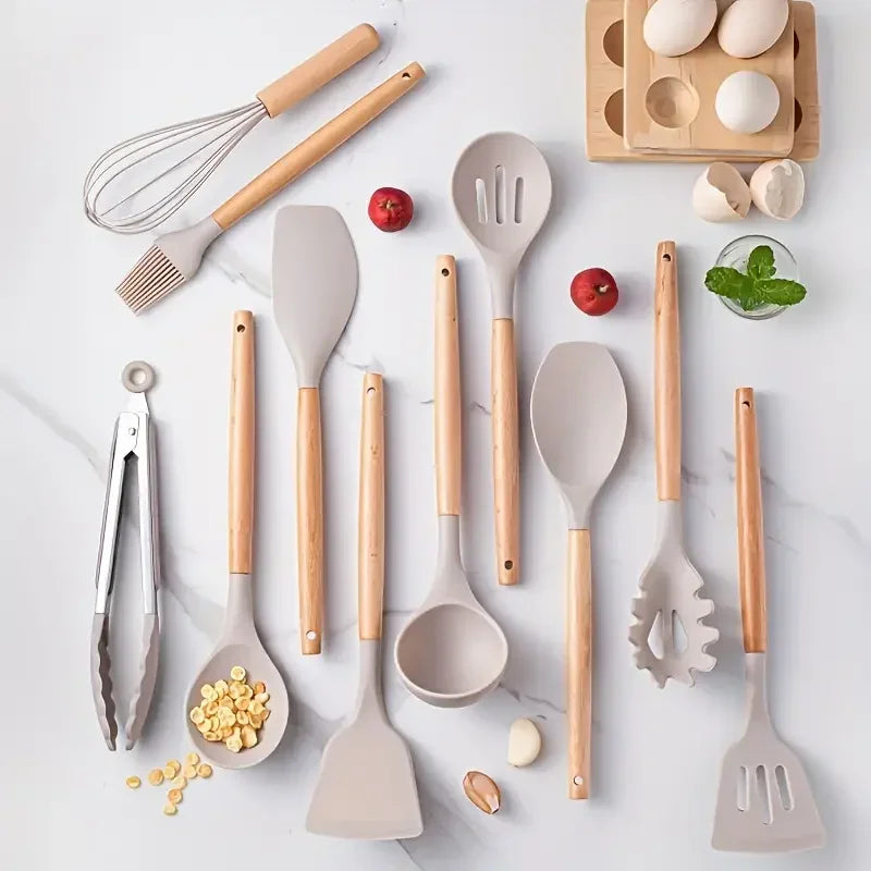 12pcs Set Silicone Wooden Kitchenware