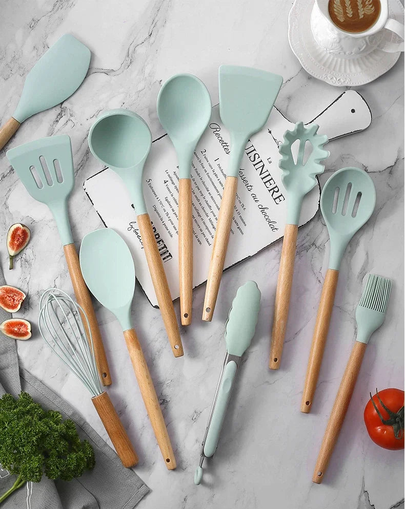 12pcs Set Silicone Wooden Kitchenware